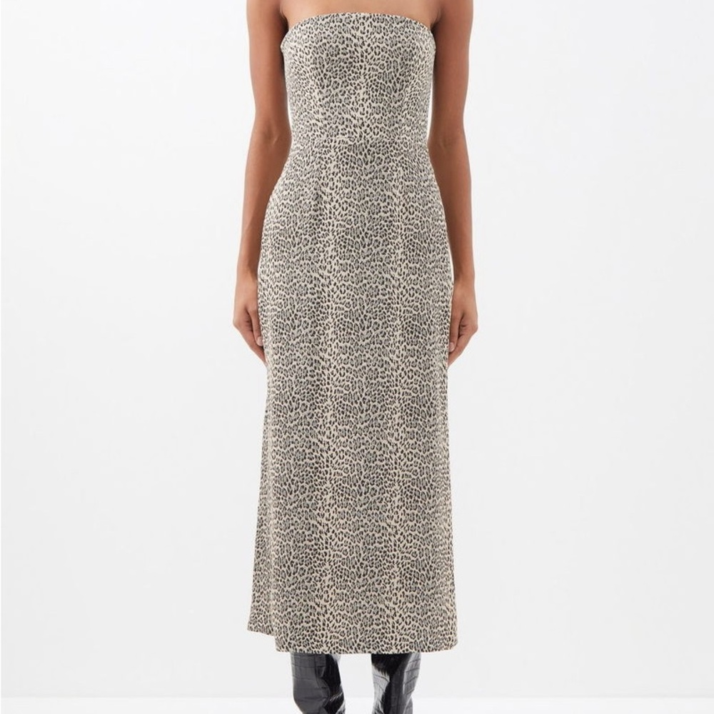 Leopard-Print Bandeau-Neck Crepe Midi Dress